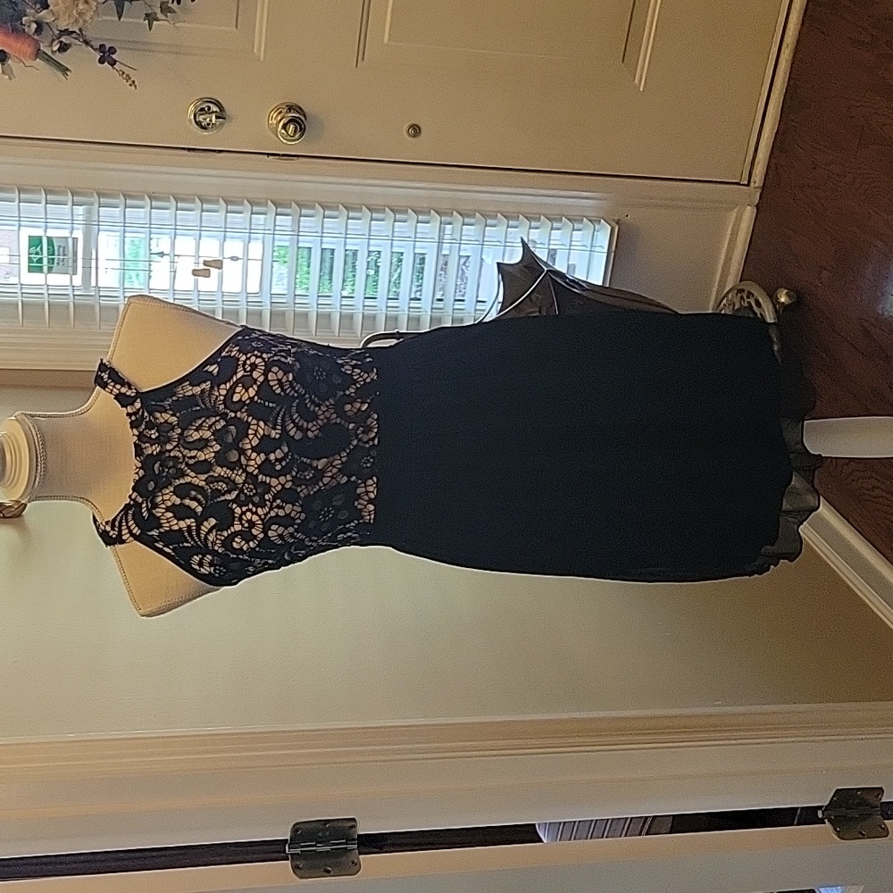 Enfocus Studio black lace bodice solid skirt halter dress fitted waist 4 EUC …